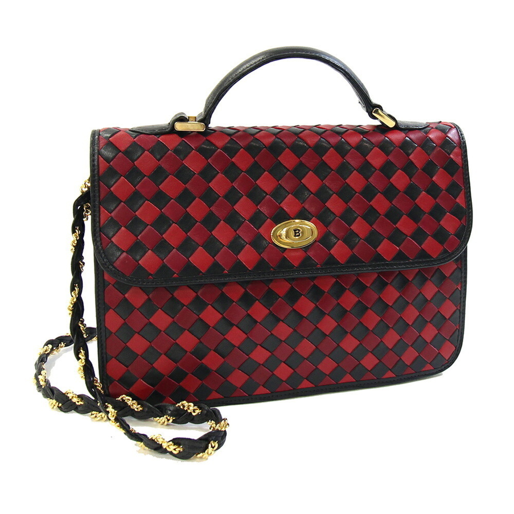 Bally handbag, red and black leather, chain shoulder, crossbody, vintage styl...